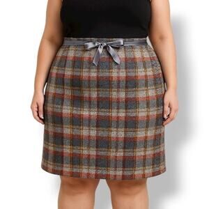 Plus 2X Tweed Plaid Printed Mini Skirt Satin Ribbon Waist Holiday Boston Preppy